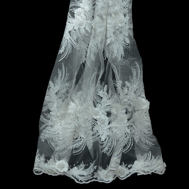 2019 Quality Shiny 3D White Rhinestone Embroidery Fabric