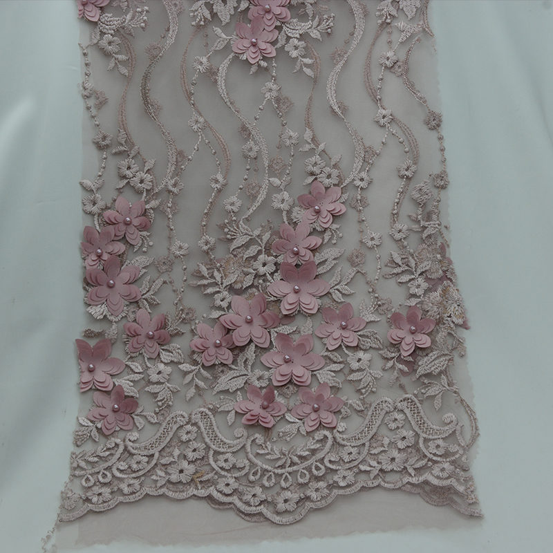 2019 Polyester Noble Beaded Pink Embroidery Mesh Fabric
