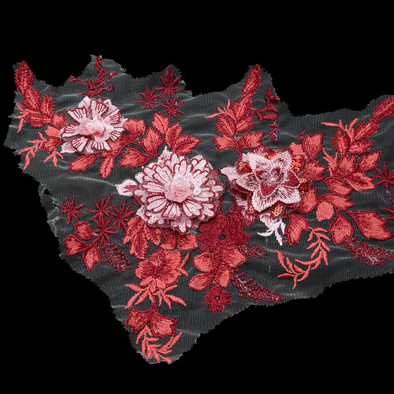 Red Lace Appliques 3D Flowers Applique Patch For Garment